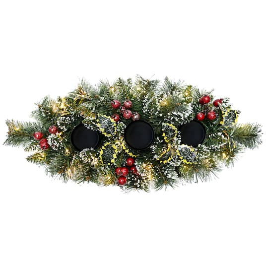 Puleo International 30" Pre-Lit Snowy Silverton Pine Artificial Christmas Centerpiece with Candle Holder | Michaels®